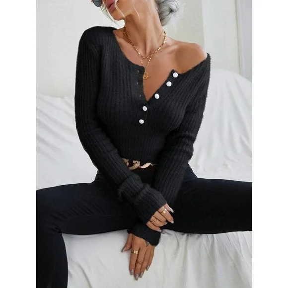 Button Front Scoop Neck soft  Rib knit Sweater pastel pink - Picture 11 of 11